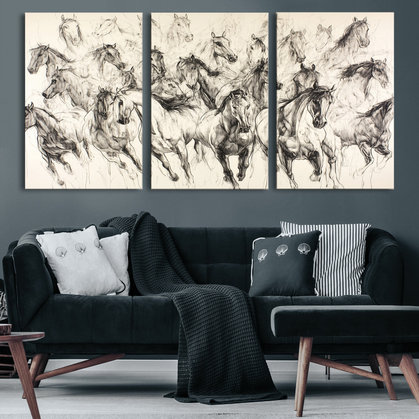 19433417-MGV-CV-36X24-Running Horses Wall Art Canvas Print – Framed Galloping Herd Dynamic Equestrian Sketch Nature Artwork for Home Office