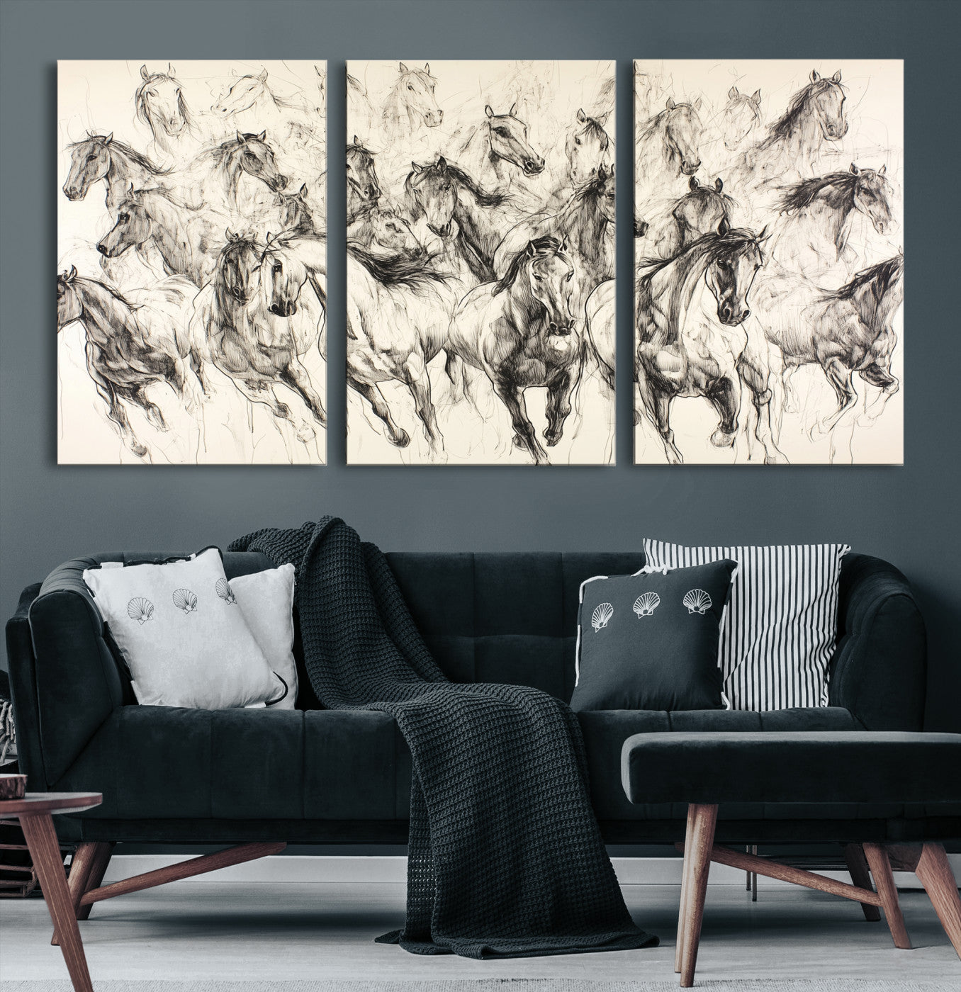 19433417-MGV-CV-36X24-Running Horses Wall Art Canvas Print – Framed Galloping Herd Dynamic Equestrian Sketch Nature Artwork for Home Office