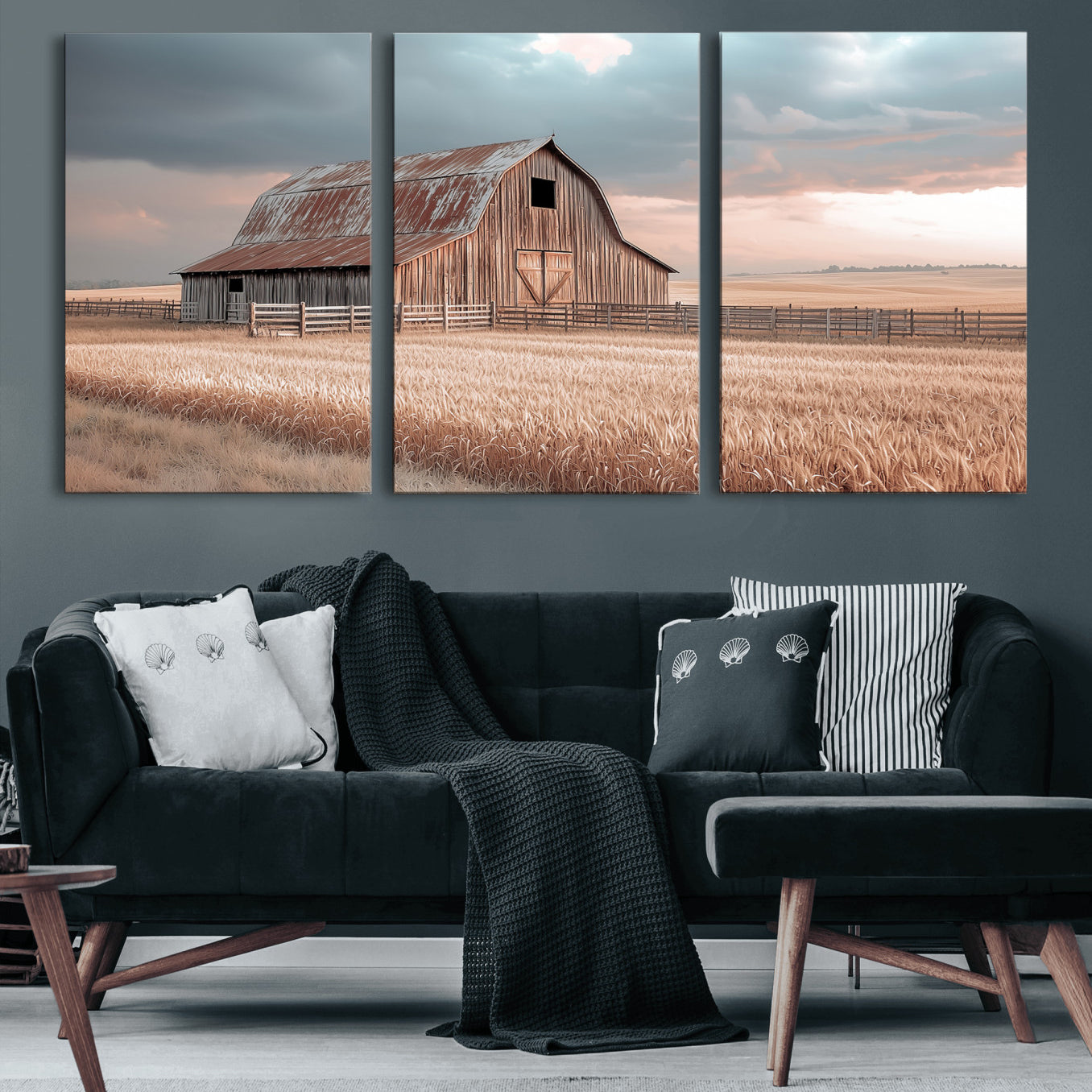 MGV-CV-60X30-3P - Rustic Barn Wall Art Canvas Print, Framed Wheat Field Art Picture Print, Sunset Barn Perfect Vintage Farmhouse Decor Artwork