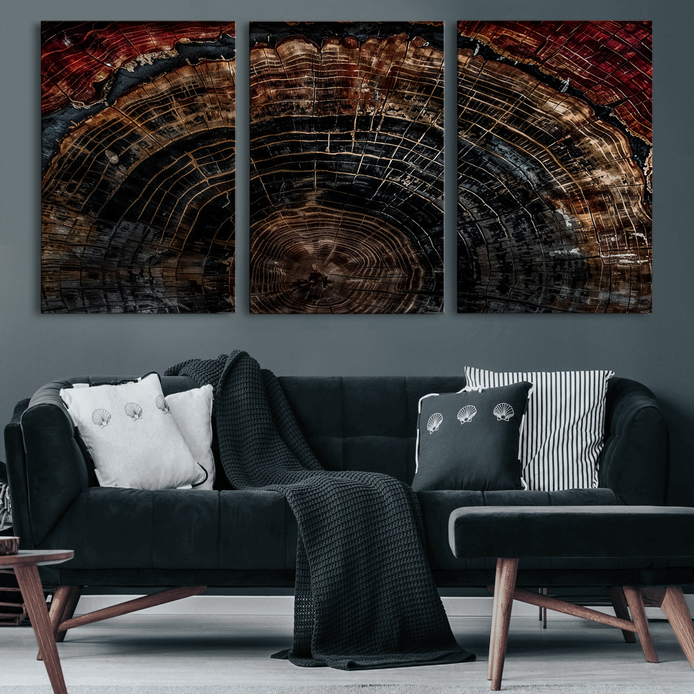 43686762-MGV-CV-60X30-3P-Dark Wood Ring Wall Art Canvas Print – Framed Abstract Tree Rustic Artwork for Home, Office, Living Room