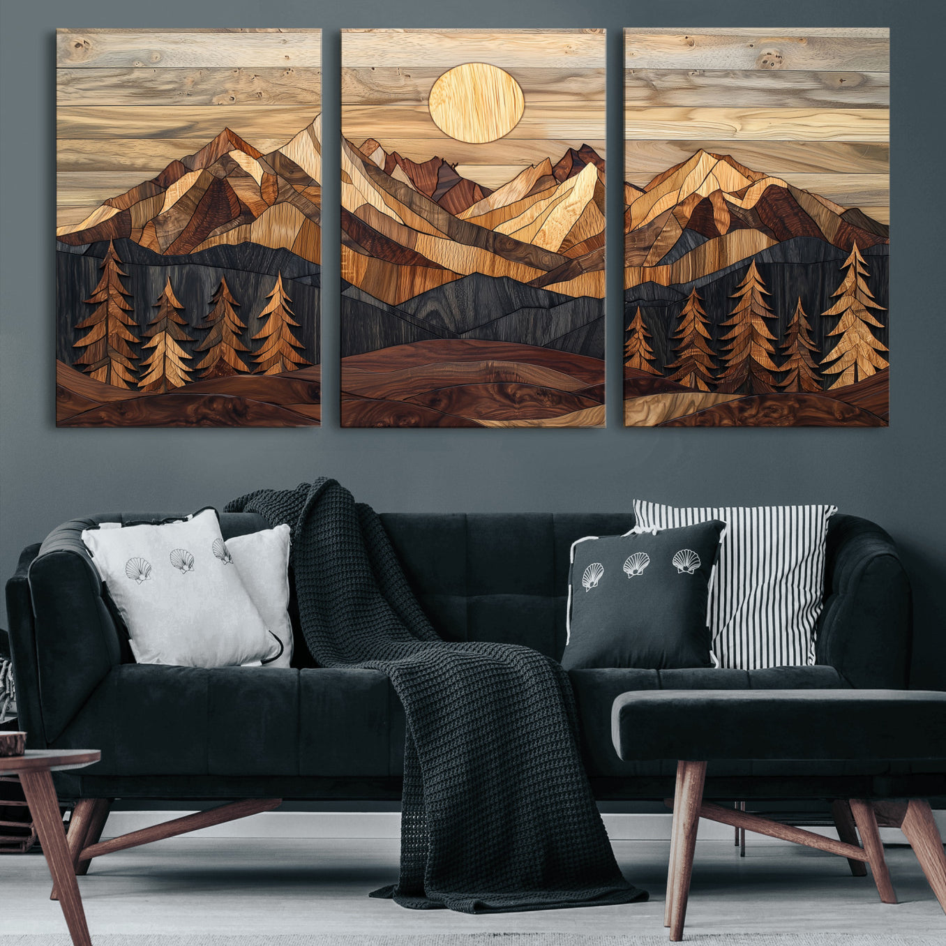39116082-MGV-CV-60X30-3P-Wood Mountain Landscape Wall Art Canvas Print – Framed Sunset Hills Nature Artwork, Abstract Boho Decor for Home, Office