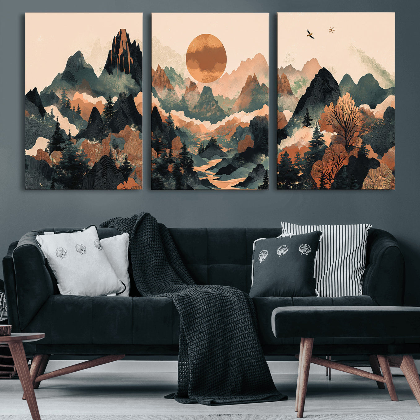 46509506-MGV-CV-60X30-3P-Wood Mountain Landscape Wall Art Canvas Print – Framed Sunset Hills Artwork, Abstract Nature Perfect Boho Decor for Home, Office