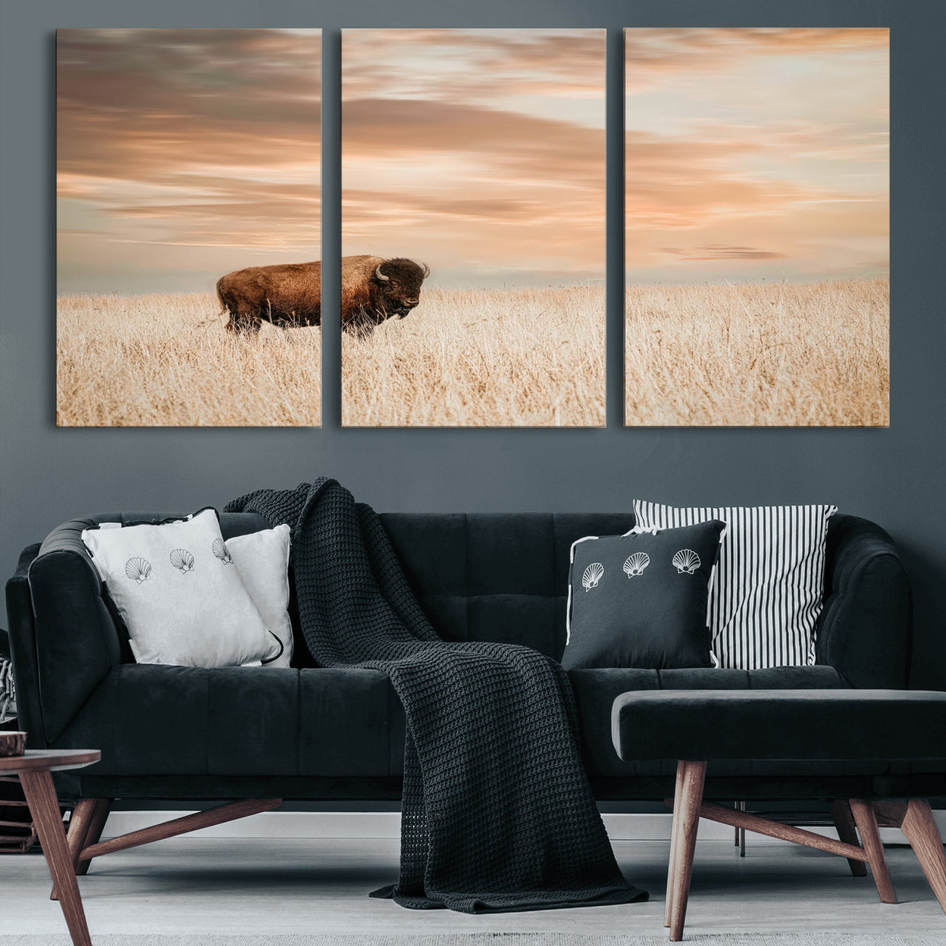 87282289-MGV-CV-60X30-3P-Bison Wall Art Canvas Print – Framed Buffalo Artwork, Western Prairie Scene Perfect Rustic Decor for Home, Office