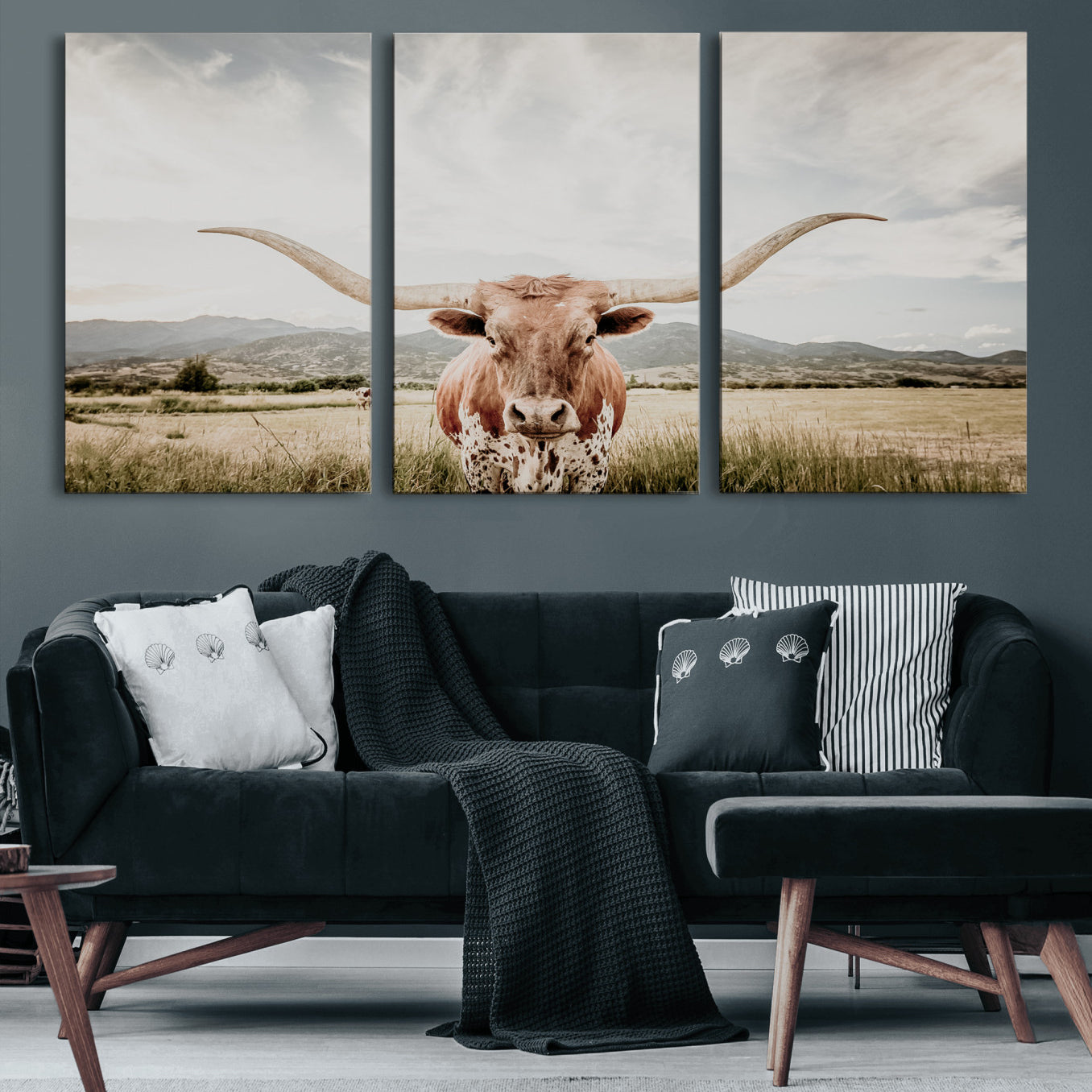 80054319-MGV-CV-60X30-3P-Texas Longhorn Wall Art Canvas Print, Framed Western Cow Art Picture Print, Rustic Farmhouse Perfect Farmhouse Decor Artwork