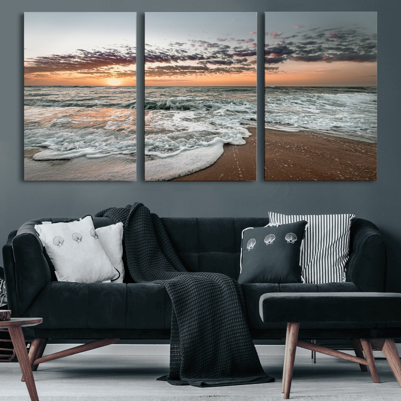 40632752-MGV-CV-60X30-3P-Ocean Sunset Wall Art Canvas Print – Framed Beach Waves Scene with Coastal Artwork for Home, Office, Living Room