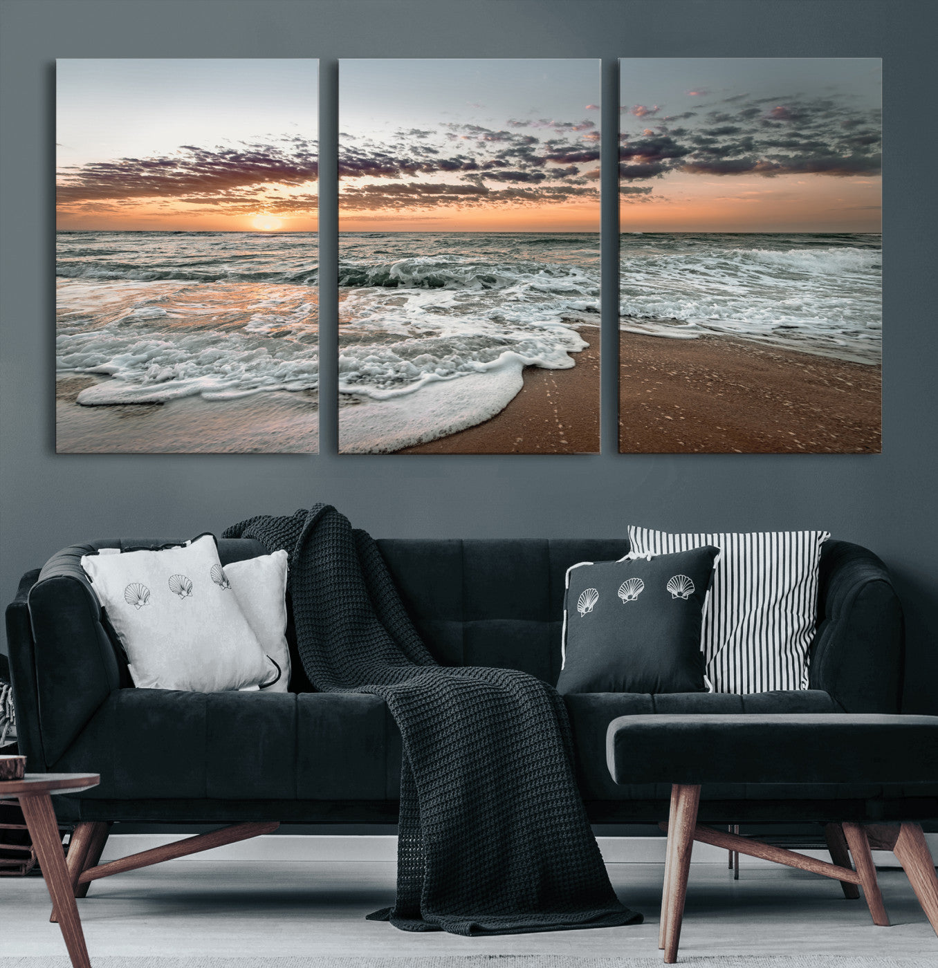 40632752-MGV-CV-60X30-3P-Ocean Sunset Wall Art Canvas Print – Framed Beach Waves Scene with Coastal Artwork for Home, Office, Living Room
