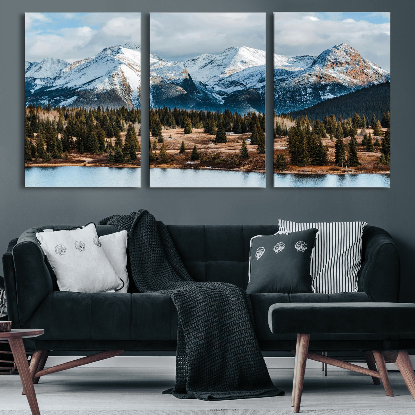 -Snowy Peaks Wall Art Canvas Print, Framed Alpine Lake Art Picture Print, Pine Forest Perfect Alpine