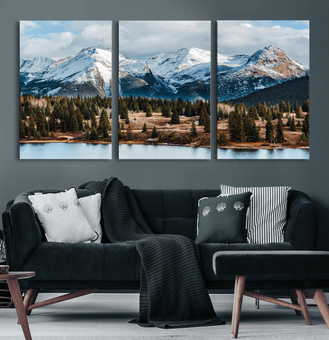 -Snowy Peaks Wall Art Canvas Print, Framed Alpine Lake Art Picture Print, Pine Forest Perfect Alpine