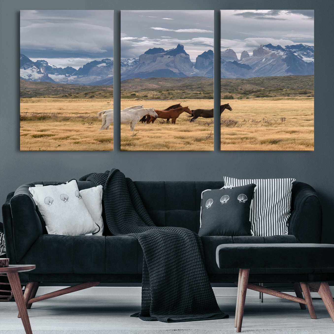 69960232-MGV-CV-36X24-Horses Grazing Wall Art Canvas Print – Framed Mountain Field Scenic Landscape Cloudy Sky Nature Artwork for Home Office