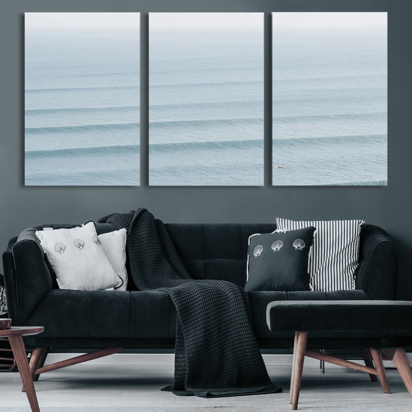 -Ocean Waves Wall Art Canvas Print, Framed Solo Surfer Art Picture Print, Wave Lines Perfect