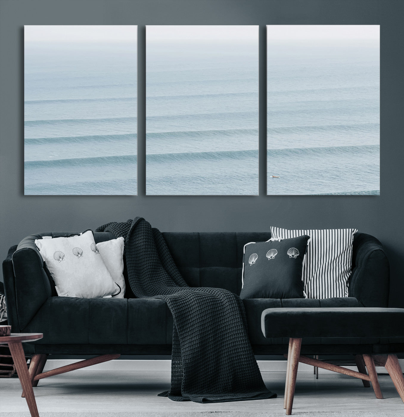 -Ocean Waves Wall Art Canvas Print, Framed Solo Surfer Art Picture Print, Wave Lines Perfect