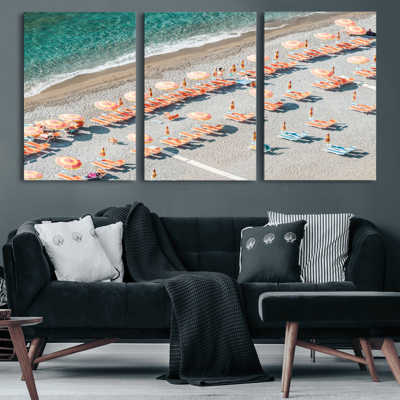 27805351-MGV-CV-36X24 - Beach Umbrellas Wall Art – Orange Loungers & Turquoise Water Canvas Print, Sandy Shore and Summer Vibes