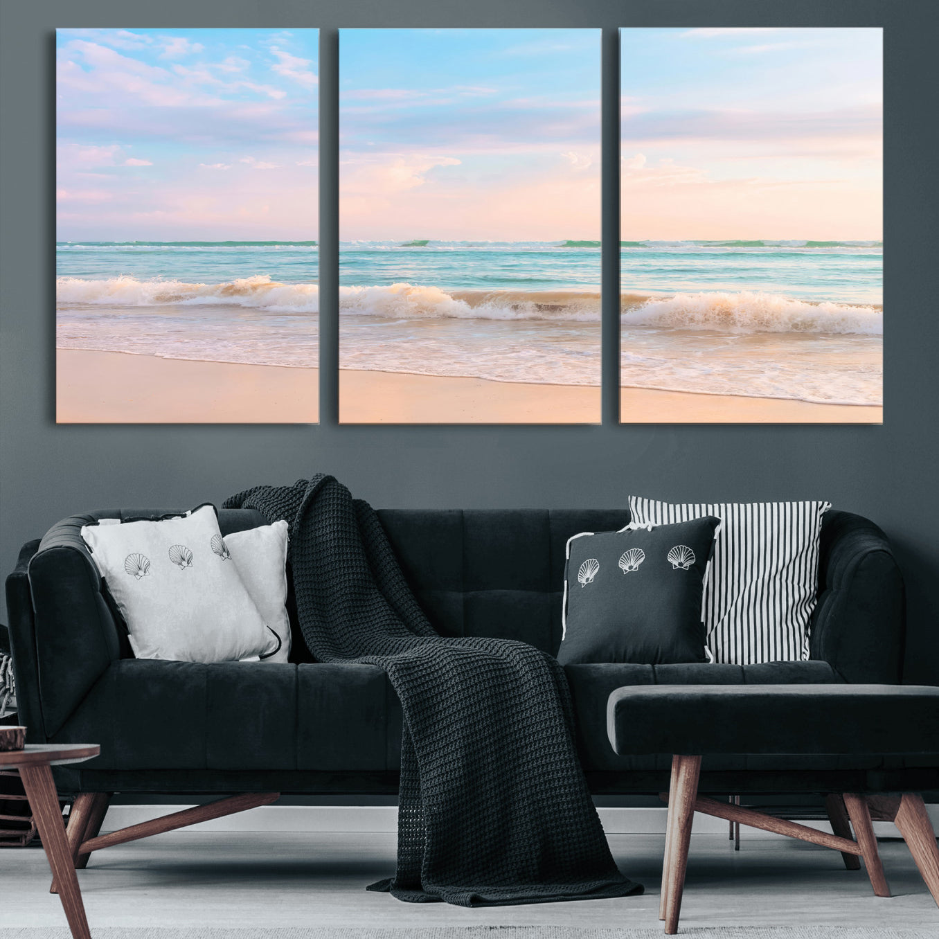 74679437-MGV-CV-36X24 - Serene Waves Wall Art – Golden Shore & Soft Pastel Sky Canvas Print, Gentle Ocean and Peaceful Sunset for Living Room or Office