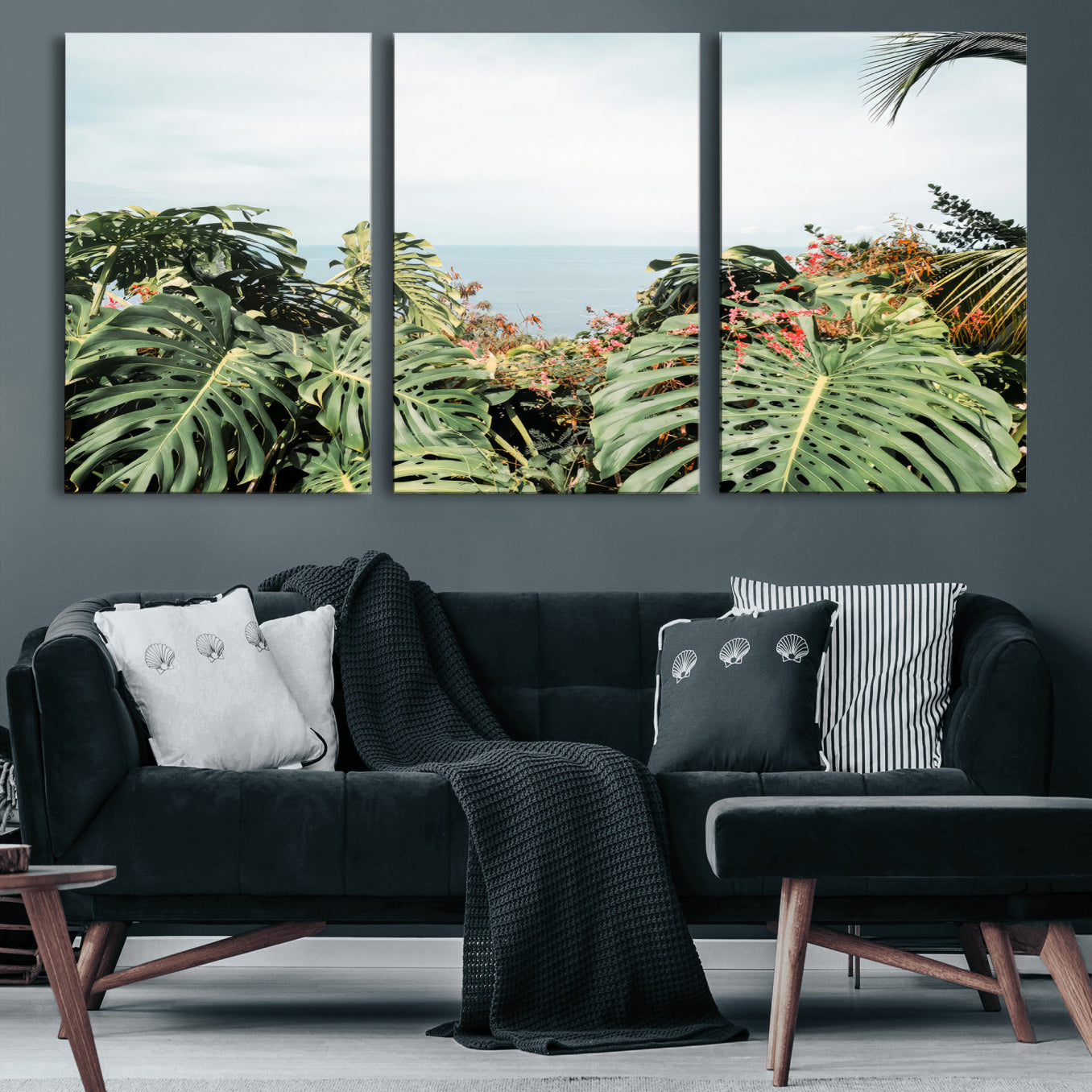 45700479-MGV-CV-36X24 - Tropical Greenery Wall Art – Exotic Leaves & Ocean View Canvas Print, Sunlit Paradise and Vibrant Nature for Living Room or Coastal Decor