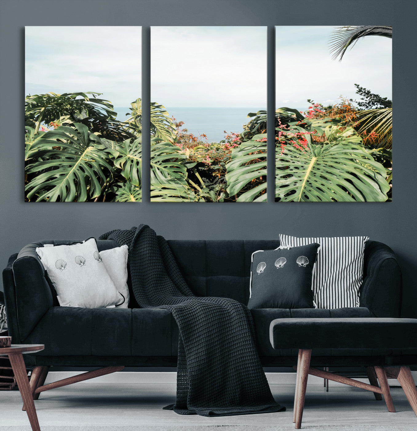 45700479-MGV-CV-36X24 - Tropical Greenery Wall Art – Exotic Leaves & Ocean View Canvas Print, Sunlit Paradise and Vibrant Nature for Living Room or Coastal Decor