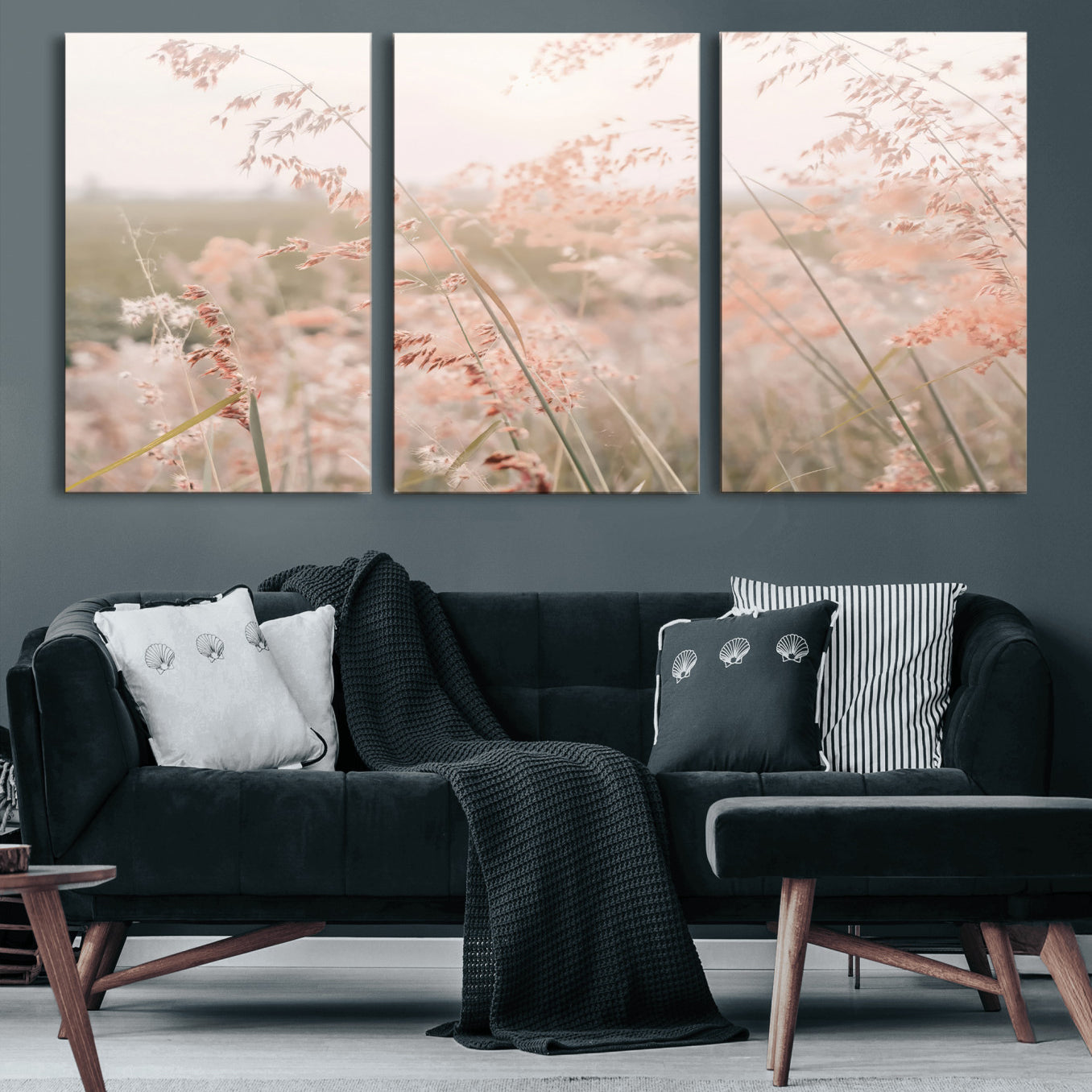 79164340-MGV-CV-60X30-3P-Pastel Grasses Wall Art Canvas Print – Framed Soft Meadow Field Gentle Breeze Minimal Nature Artwork for Home Office