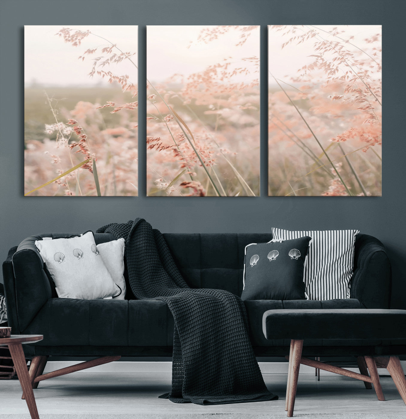 79164340-MGV-CV-60X30-3P-Pastel Grasses Wall Art Canvas Print, Framed Soft Meadow Art Picture Print, Field in Breeze Perfect Soft Pastel Minimal Decor Artwork