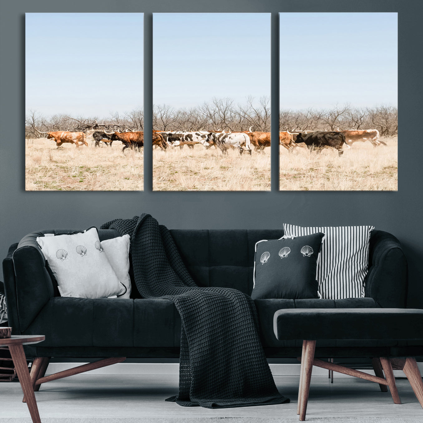 16563092-MGV-CV-60X30-3P-Texas Longhorns Wall Art Canvas Print, Framed Western Cattles Art Picture Print, Rustic Herd Perfect Rustic Farmhouse Decor Artwork