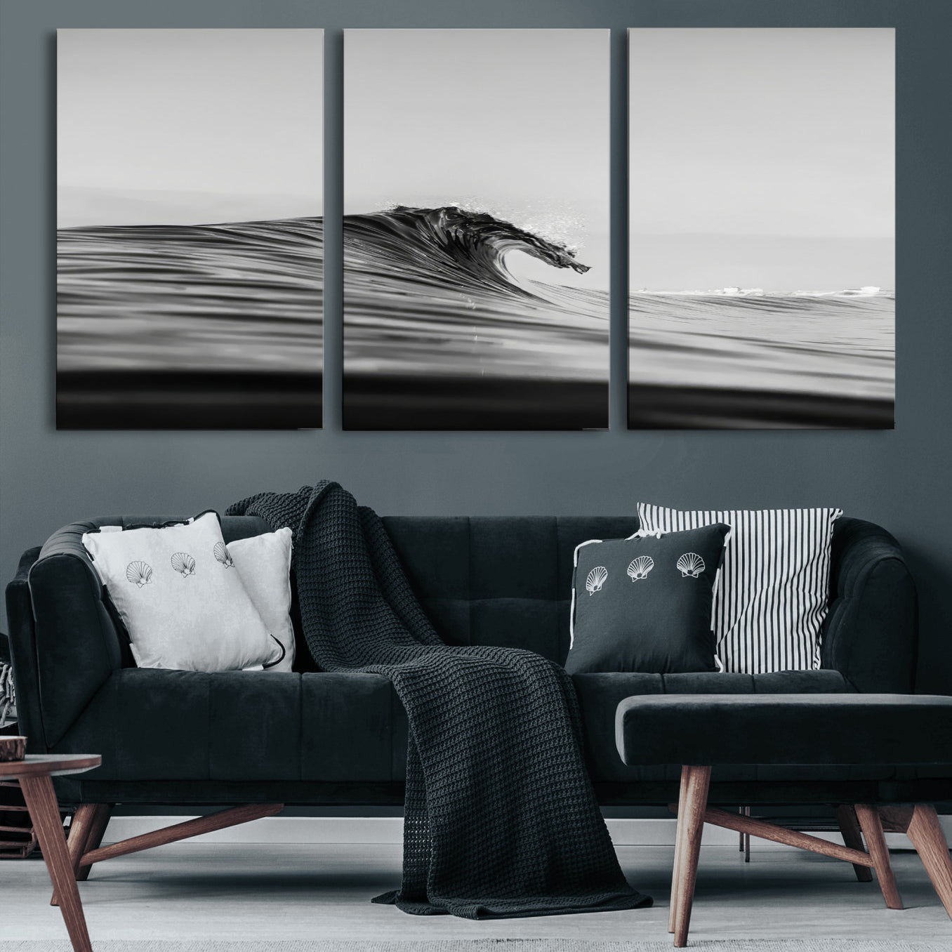 24029476-MGV-CV-60X30-3P-Black Wave Wall Art Canvas Print, Framed Abstract Surf Art Picture Print, Minimalist Ocean Perfect Minimalist Coastal Decor Artwork