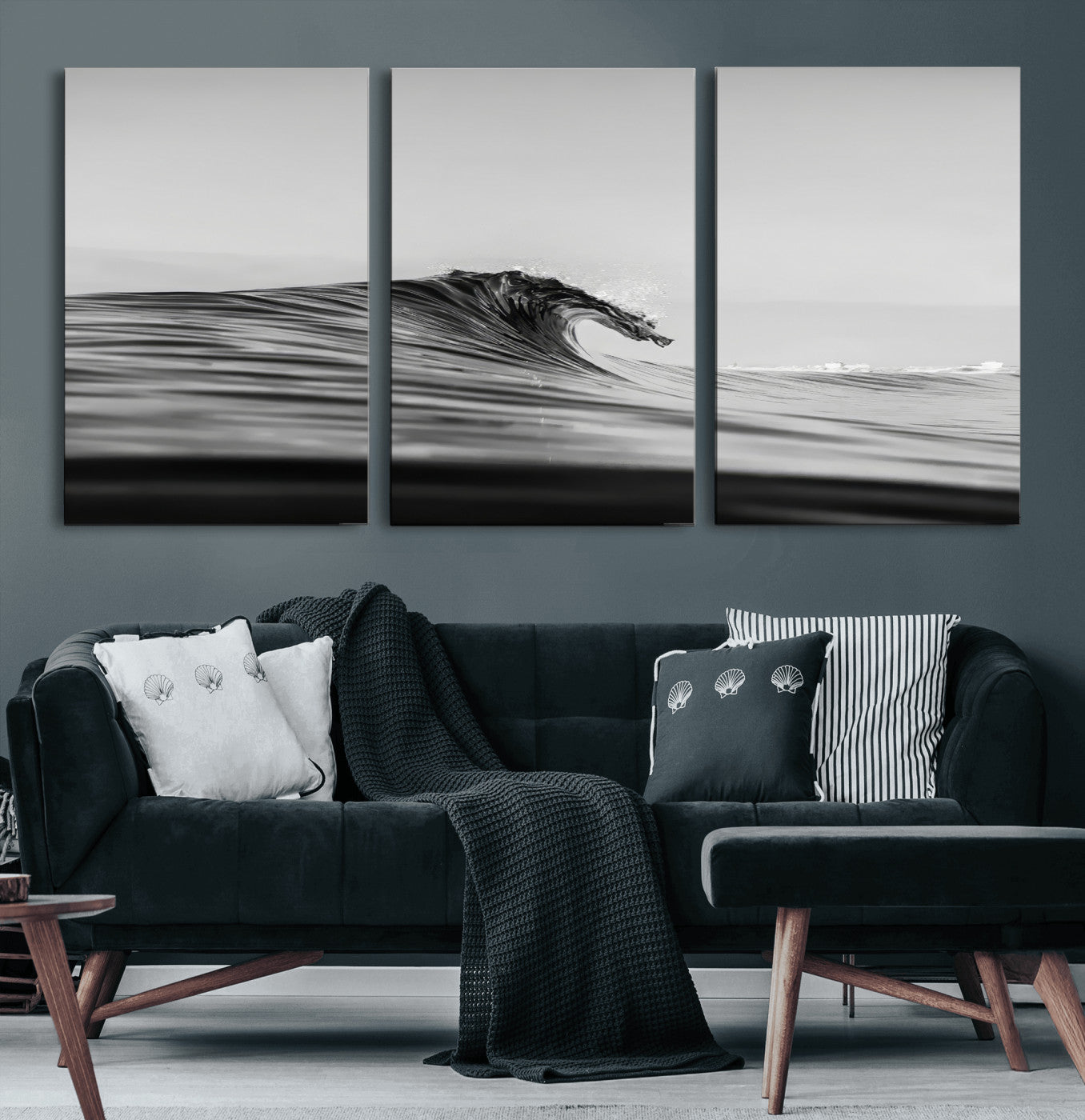 24029476-MGV-CV-60X30-3P-Black Wave Wall Art Canvas Print, Framed Abstract Surf Art Picture Print, Minimalist Ocean Perfect Minimalist Coastal Decor Artwork