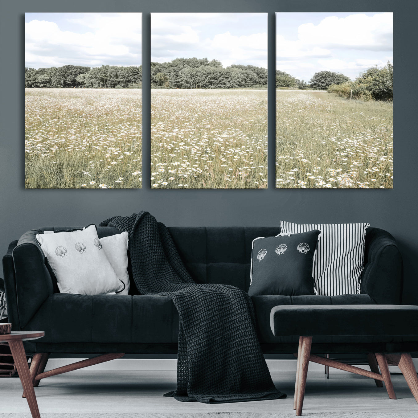 43258946-MGV-CV-60X30-3P-Charming Daisy Field Wall Art Canvas Print – Framed Pastel Flower Meadow Bloom Scandinavian Minimal Artwork for Home Office