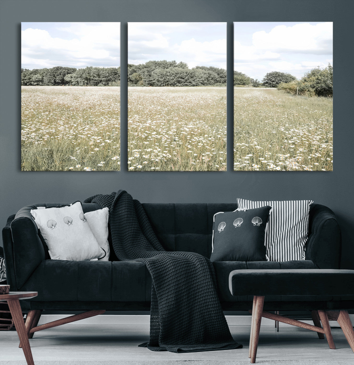 43258946-MGV-CV-60X30-3P-Charming Daisy Field Wall Art Canvas Print – Framed Pastel Flower Meadow Bloom Scandinavian Minimal Artwork for Home Office