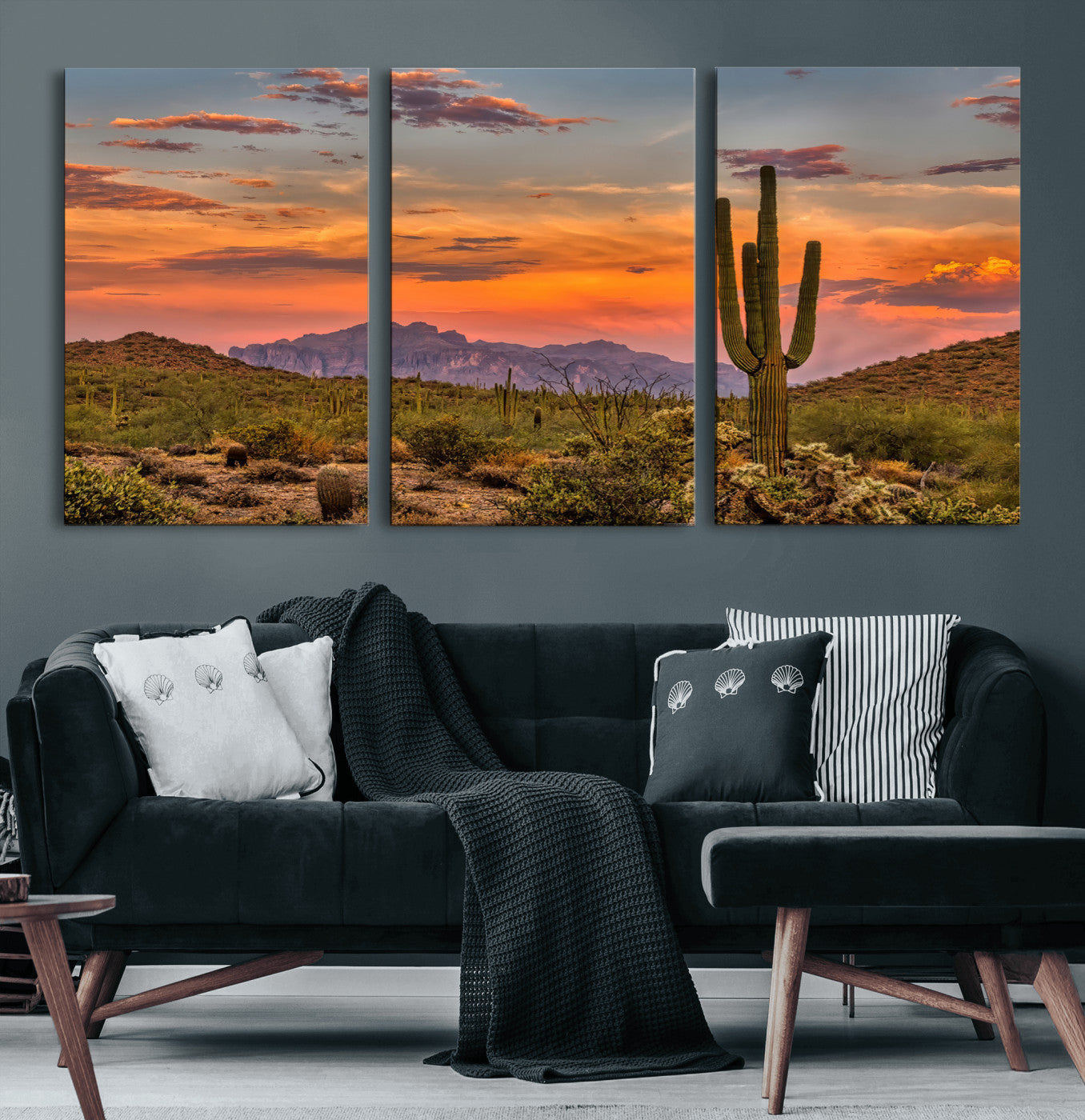 25332783-MGV-CV-60X30-3P-Saguaro Cactus Wall Art Canvas Print – Framed Arizona Sunset Sonoran Desert Southwestern Boho Artwork for Home Office