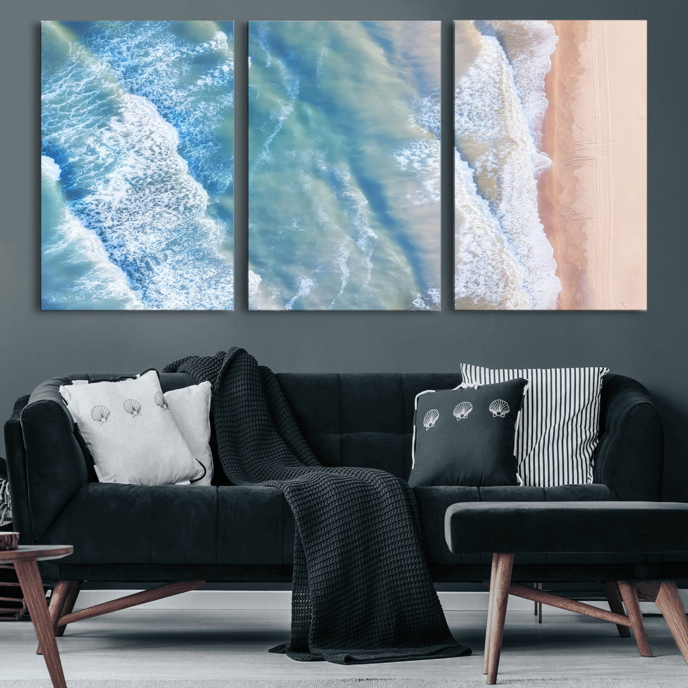 17641845-MGV-CV-60X30-3P-Aerial Ocean View Wall Art Canvas Print, Framed Soft Blue Waves Art Picture Print, Sandy Shoreline Perfect Modern Coastal Decor Artwork