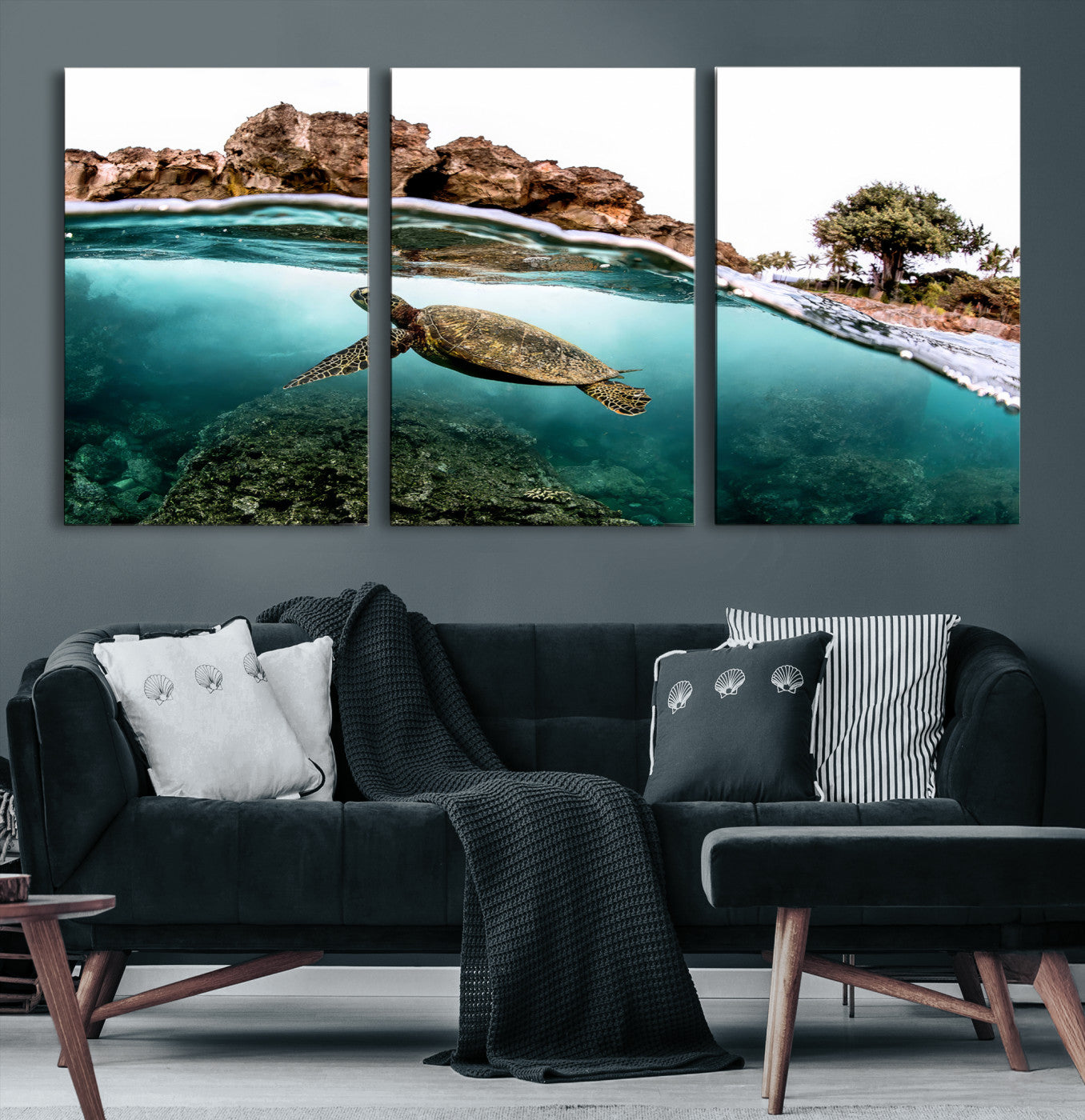 -Sea Turtle Wall Art Canvas Print, Framed Ocean Life Art Picture Print, Tropical Perfect Coastal