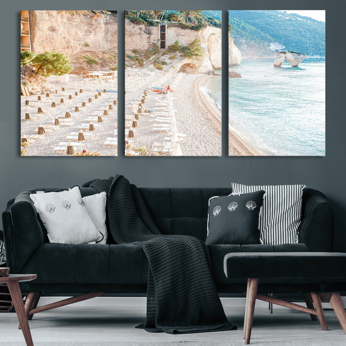 84816639-MGV-CV-36X24 - Sunny Beach Wall Art – Chairs & Umbrellas Canvas Print, Clear Water, Rocky Cliffs, Coastal Calm for Living Room or Vacation Home Decor