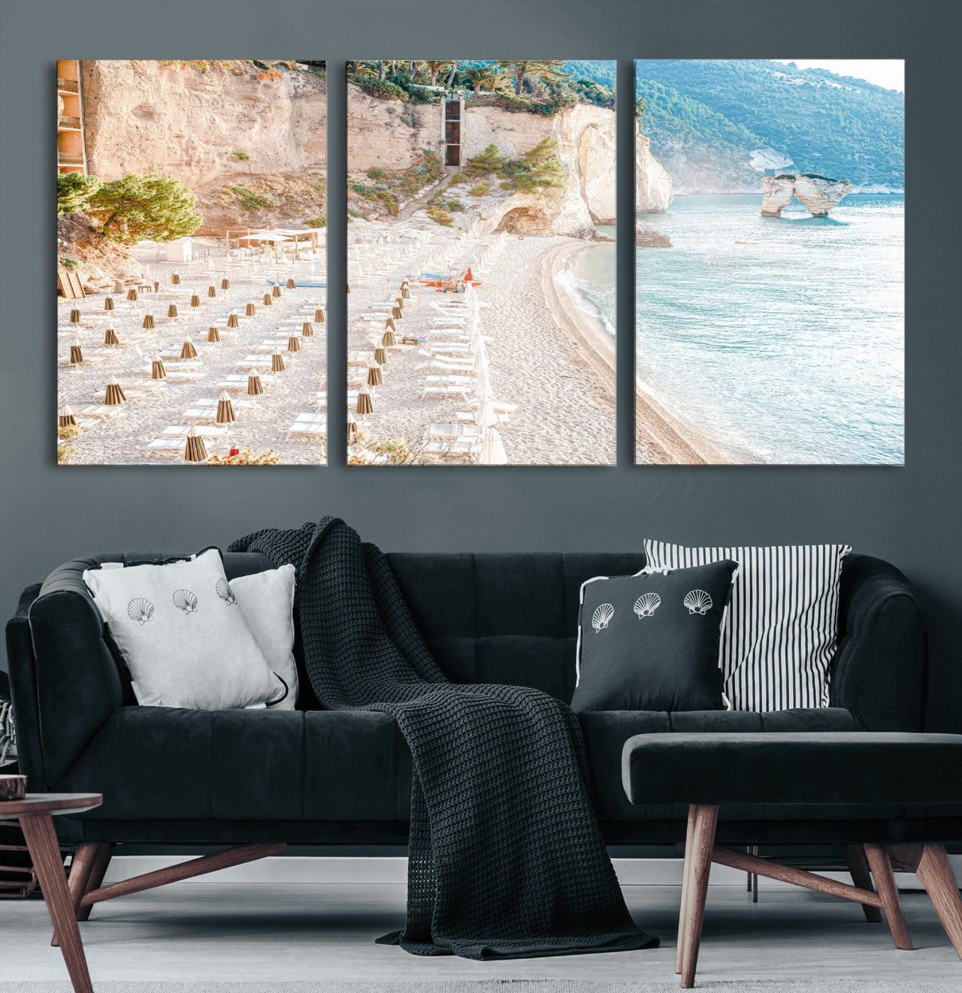 84816639-MGV-CV-36X24 - Sunny Beach Wall Art – Chairs & Umbrellas Canvas Print, Clear Water, Rocky Cliffs, Coastal Calm for Living Room or Vacation Home Decor