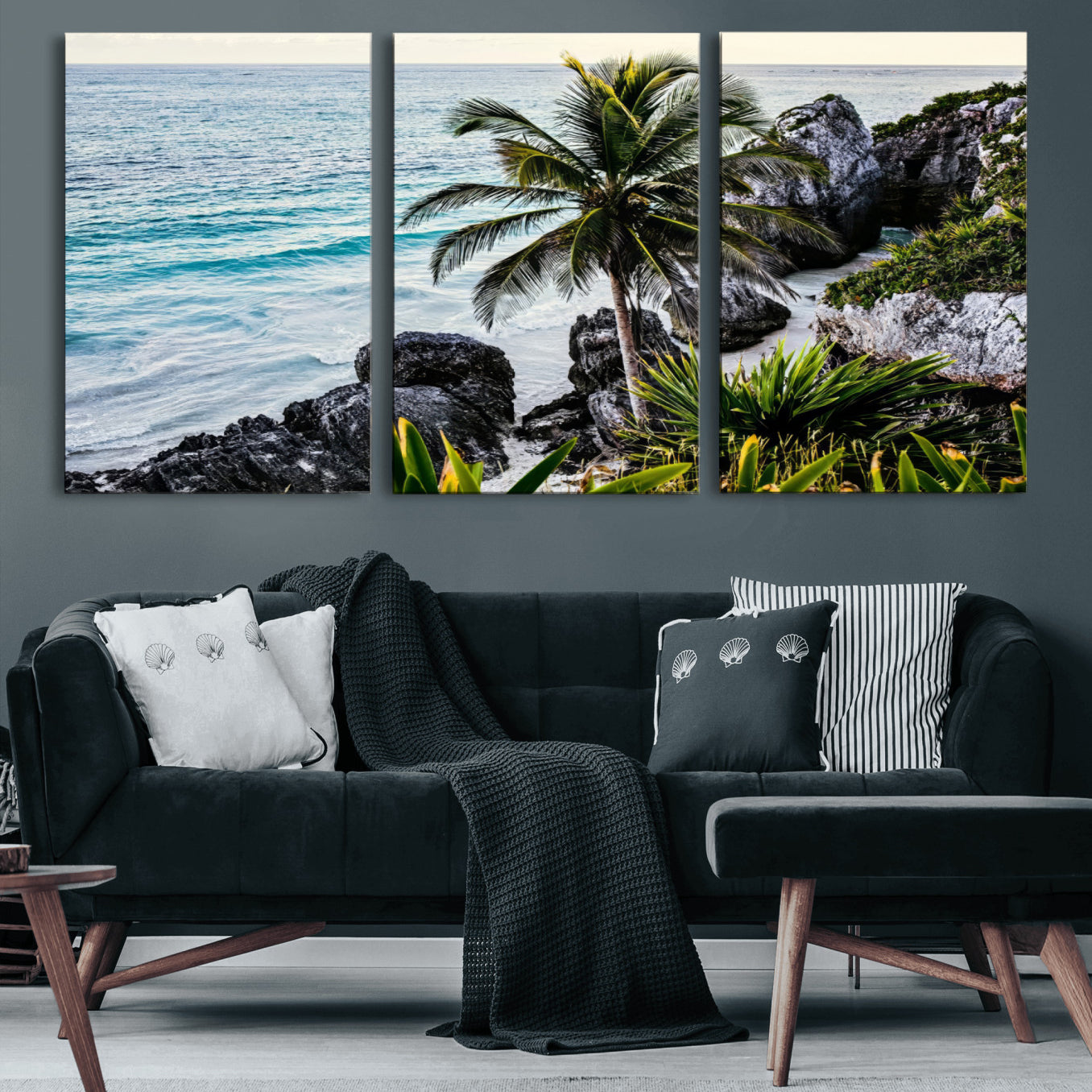 94669907-MGV-CV-36X24 - Tropical Palm Wall Art – Coastal Rocks Canvas Print, Ocean Breeze, Sandy Shore, Vibrant Green Foliage for Living Room or Beach House Decor