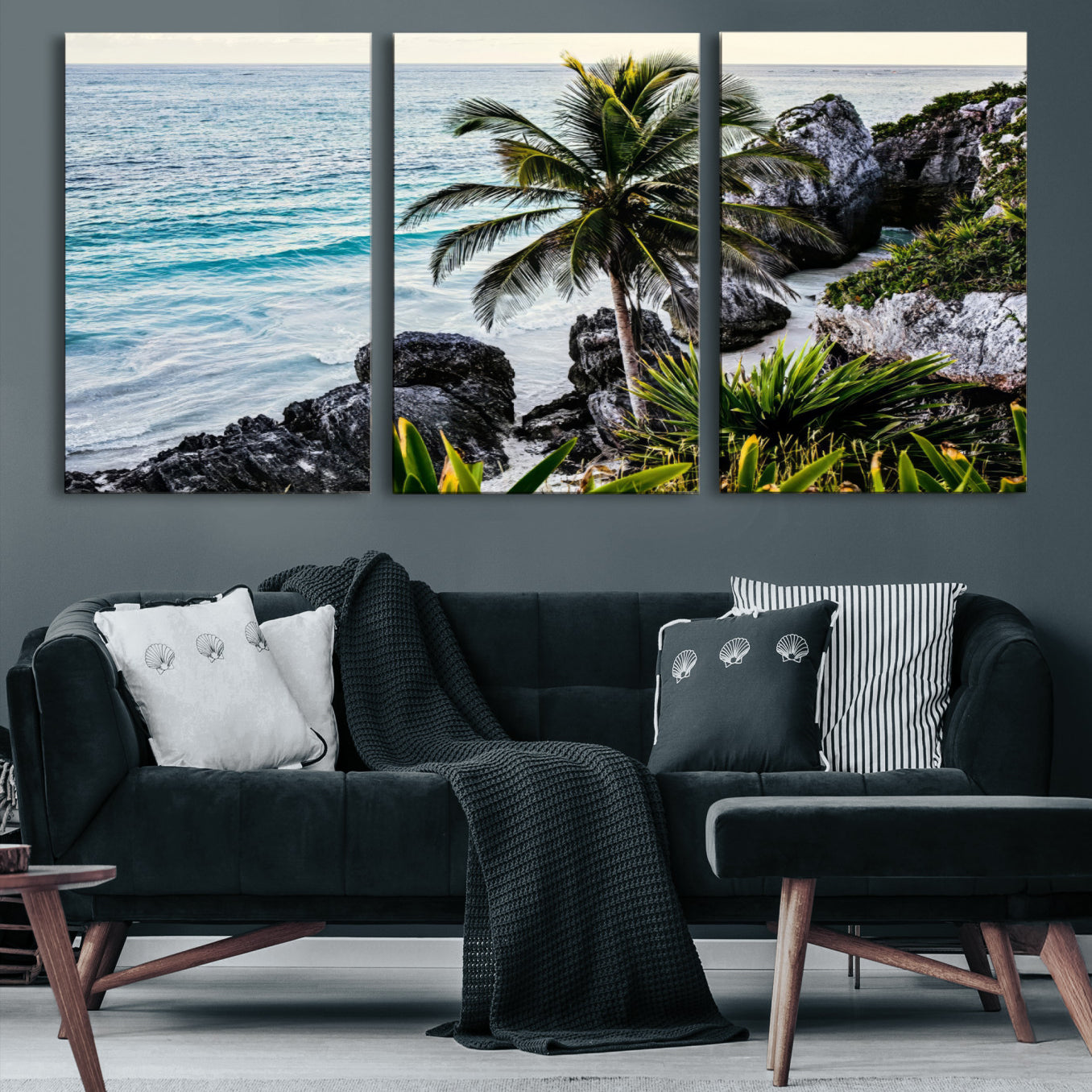 94669907-MGV-CV-36X24-Tropical Coastline Wall Art Canvas Print – Framed Palm Tree and Rocky Beach Scene Artwork for Home, Office Decor