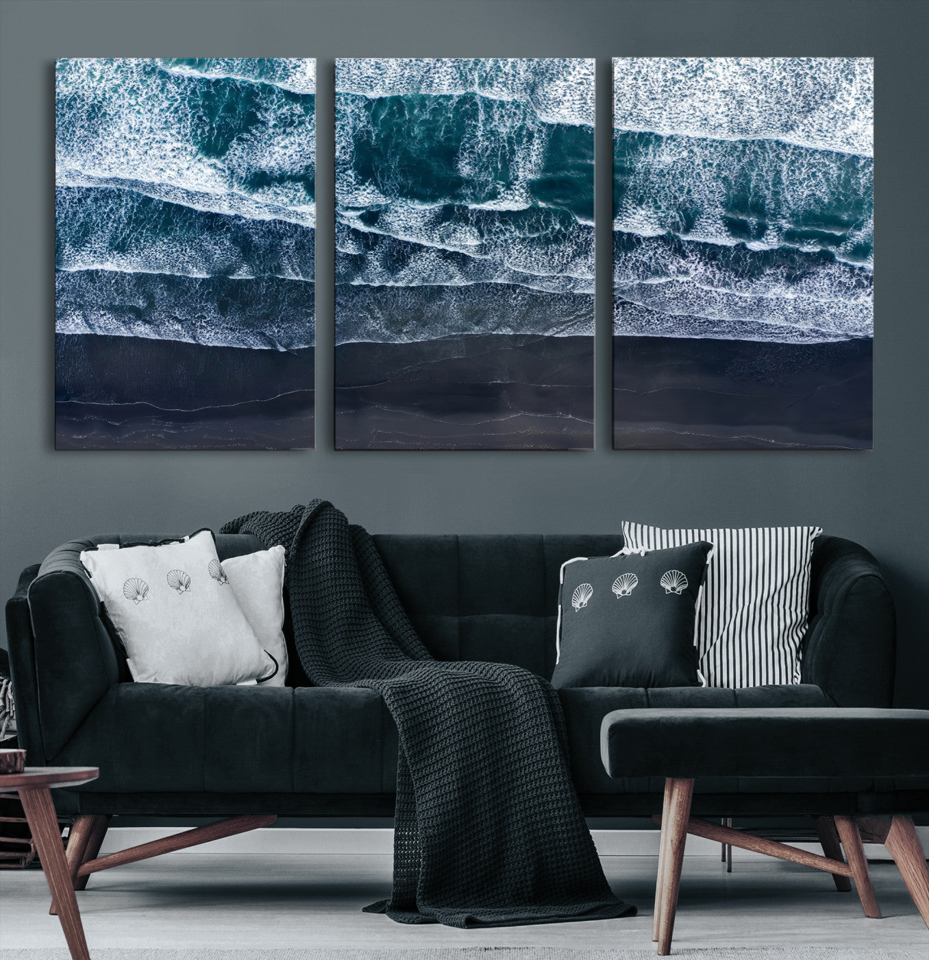 87941475-MGV-CV-36X24-Black Beach Wall Art Canvas Print – Framed Aerial Ocean View Moody Coastal Seascape Nature Artwork for Home Office