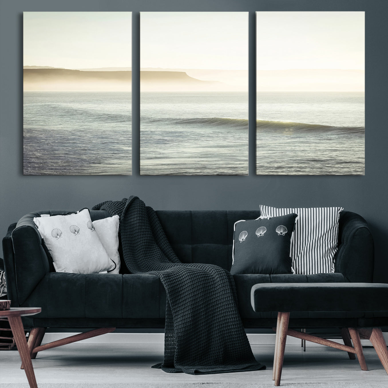 -Coastal Cliffs Wall Art Canvas Print, Framed Misty Ocean Art Picture Print, Soft Morning Perfect