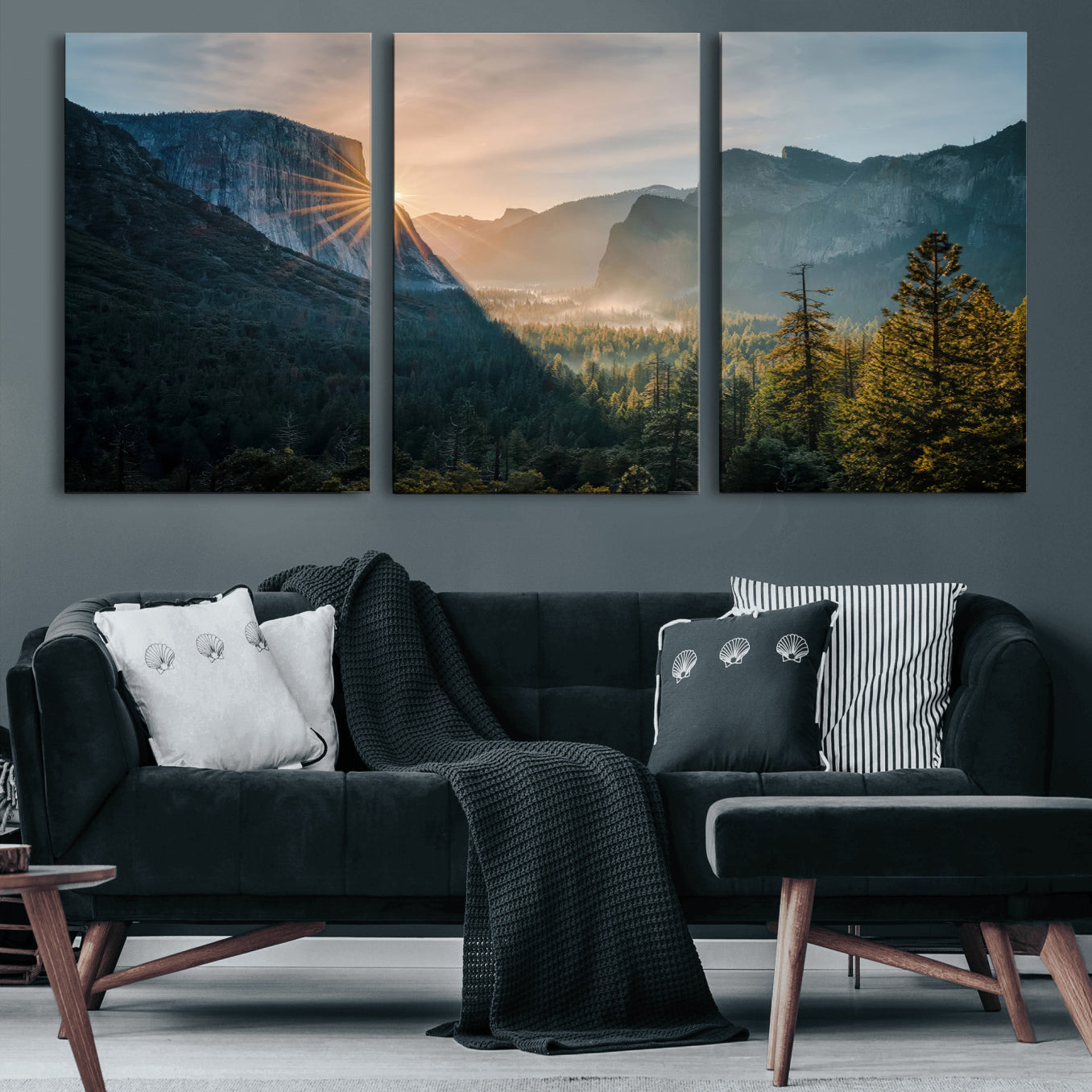 51605481-MGV-CV-36X24 - Yosemite Valley Wall Art – Misty Forest Peaks Canvas Print, Radiant Light, Tranquil Nature Landscape for Living Room or Cabin Decor