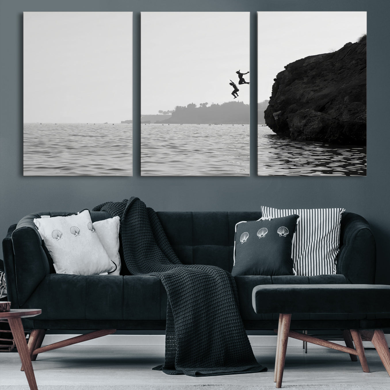 52284302-MGV-CV-36X24-Jumping Wall Art Canvas Print – Framed Coastal Ocean Scene Artwork for Relaxing Beach Home, Office Decor