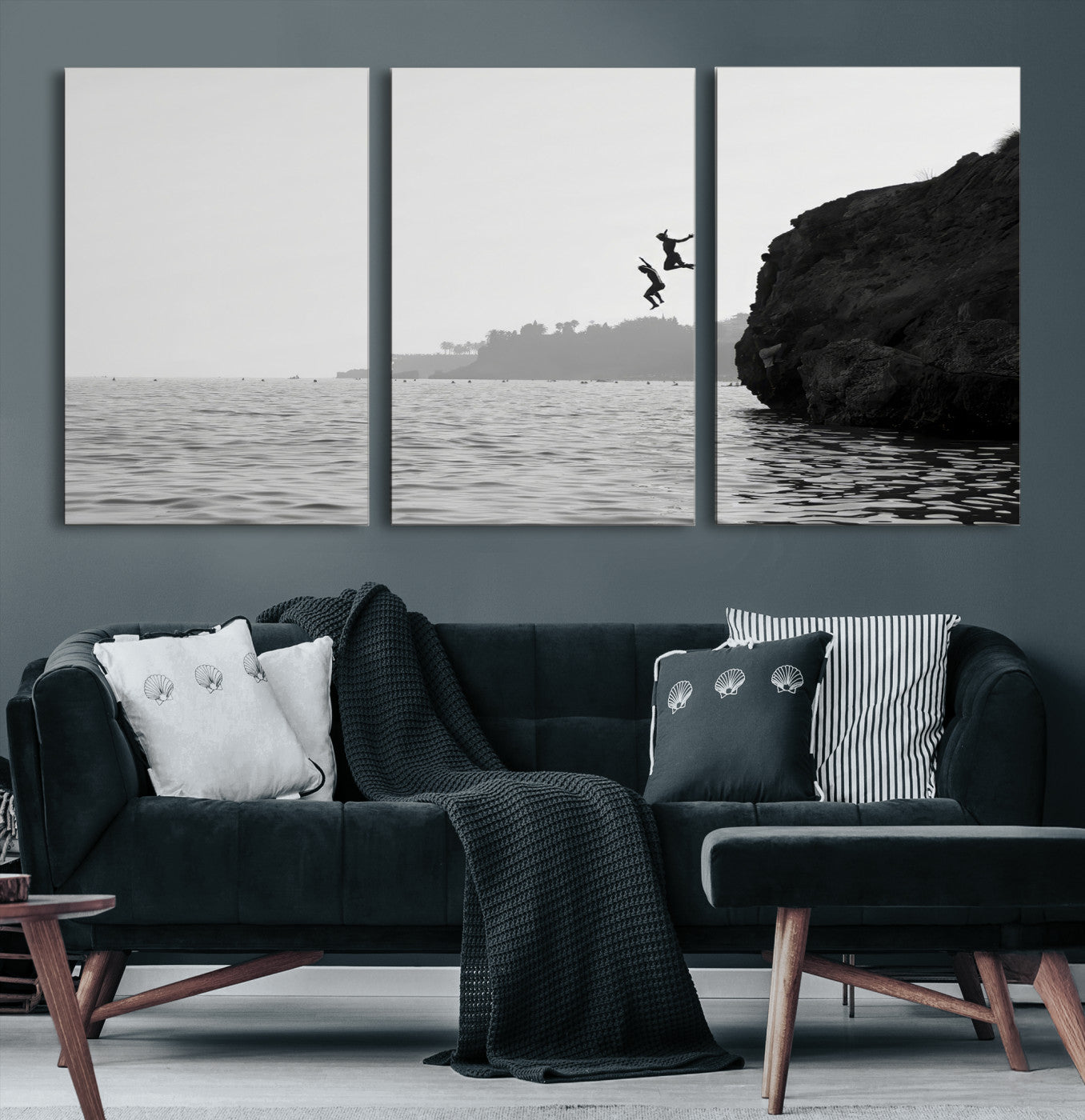 52284302-MGV-CV-36X24-Jumping Wall Art Canvas Print – Framed Coastal Ocean Scene Artwork for Relaxing Beach Home, Office Decor