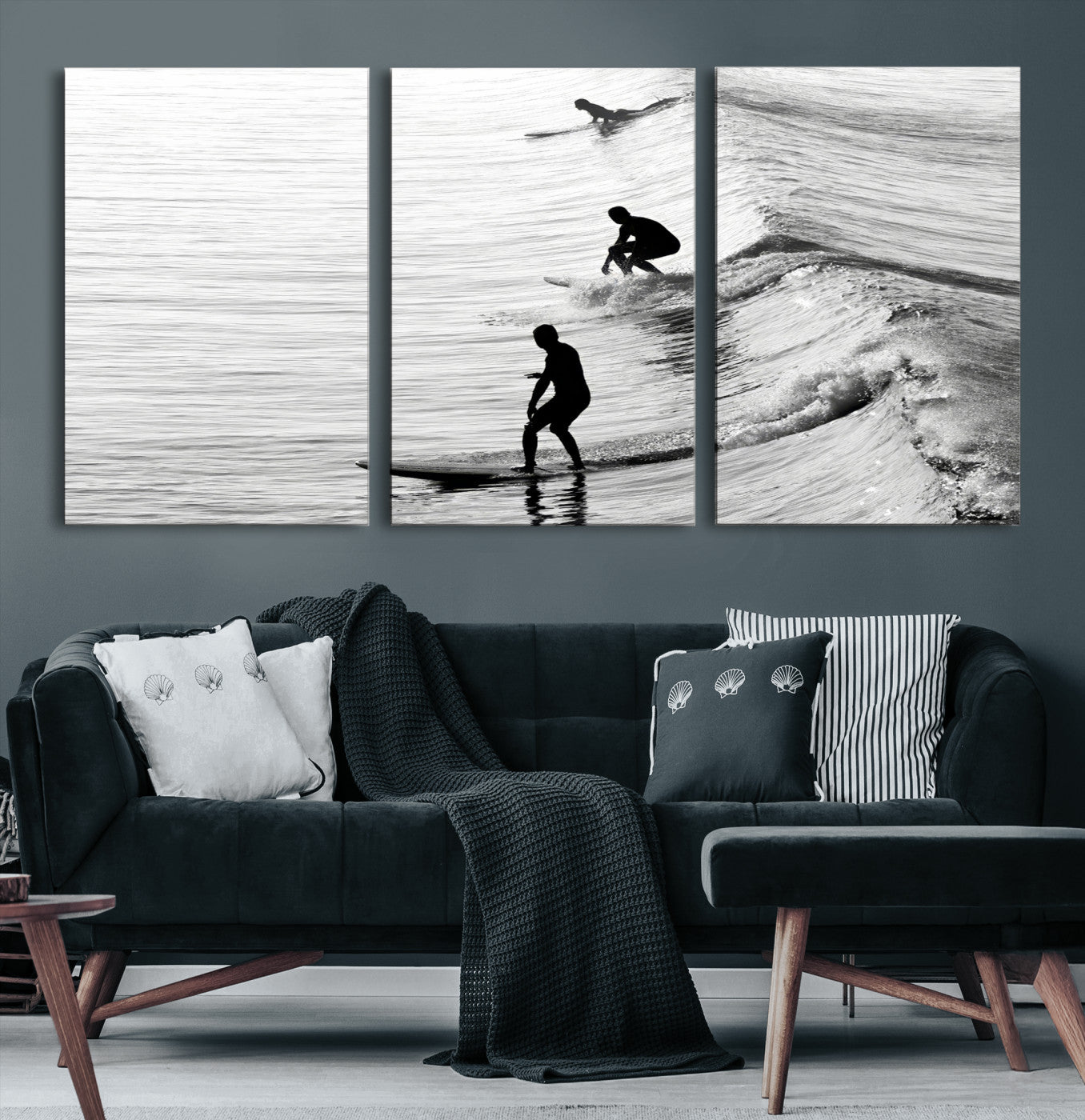 -Surfers on Waves Wall Art Canvas Print, Framed Black White Surf Art Picture Print, Monochrome Ocean