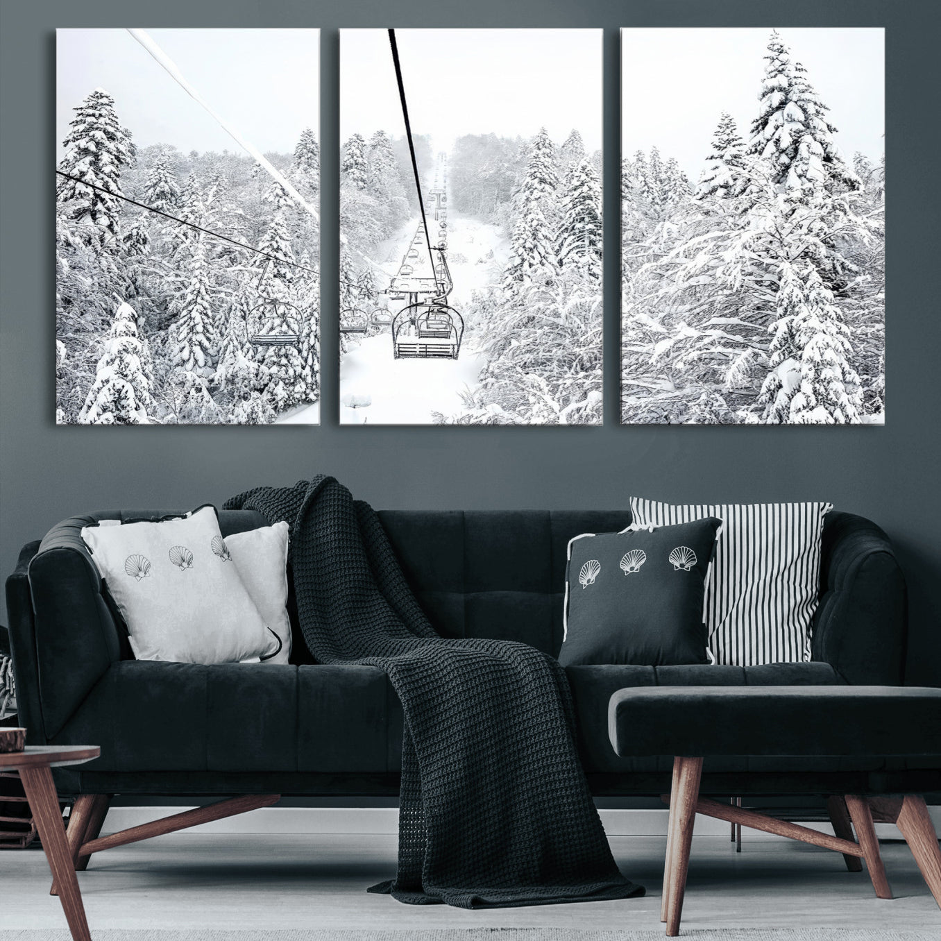MGV-CV-60X30-3P - Winter Snow Ski Lift Wall Art Canvas Print Winter Trees Print