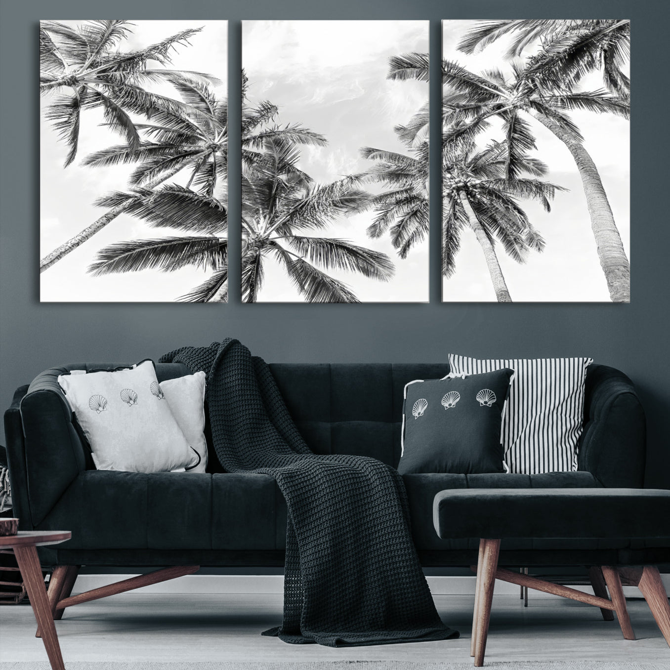 62113786-MGV-CV-36X24-Black and White Palm Wall Art Canvas Print – Framed Monochrome Tropical Beach Scene Artwork for Modern Home, Office Decor