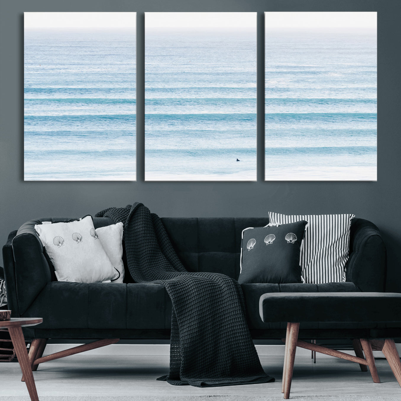 77145995-MGV-CV-60X30-3P-Ocean Wave Surfer Wall Art – Framed Minimal Seascape Canvas Artwork, Calm Blue Water Design, Coastal Decor for Home, Office