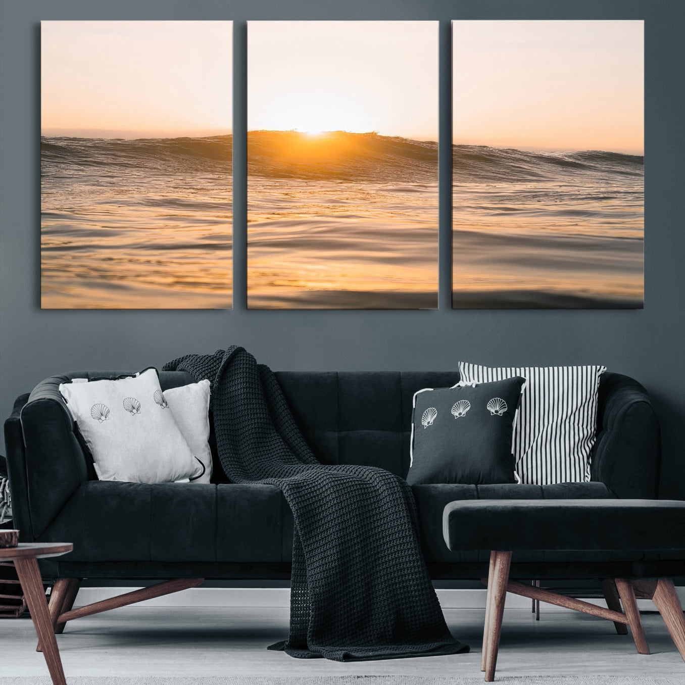 16973771-MGV-CV-60X30-3P-Calm Water Wall Art – Framed Sunset Waves Canvas Artwork, Coastal Warm Design, Minimal Ocean Decor for Home, Office