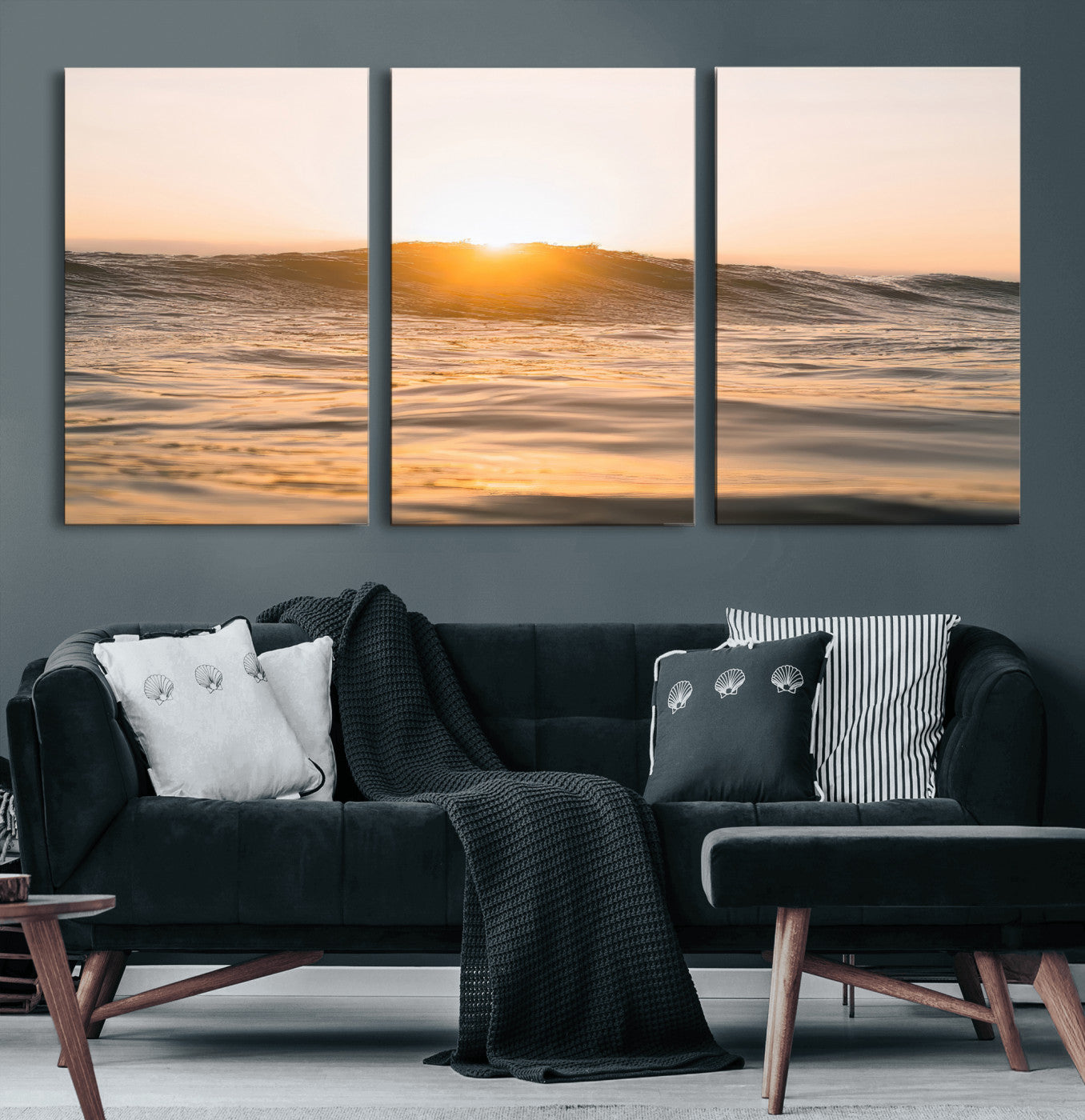 16973771-MGV-CV-60X30-3P-Calm Water Wall Art – Framed Sunset Waves Canvas Artwork, Coastal Warm Design, Minimal Ocean Decor for Home, Office