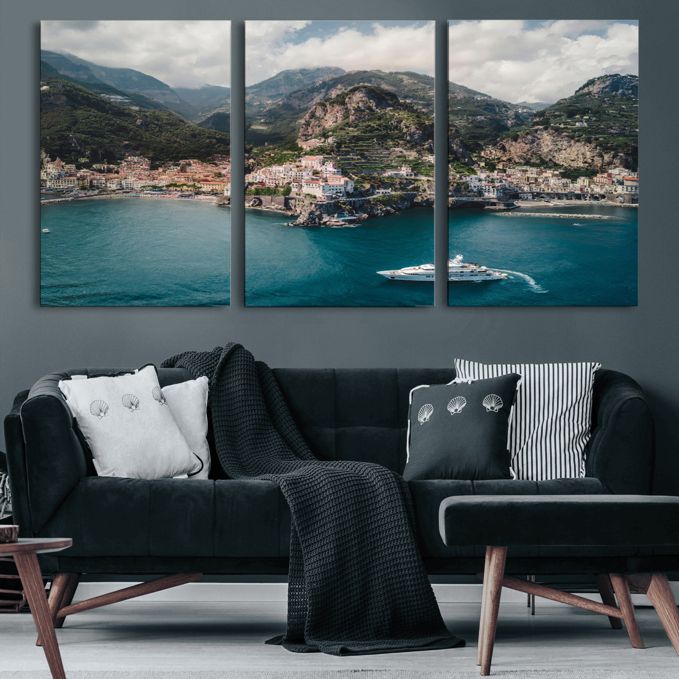 20321590-MGV-CV-60X30-3P-Amalfi Coast Wall Art – Framed Italian Seaside Canvas Artwork, Mediterranean Landscape Design, Coastal Decor for Home, Office