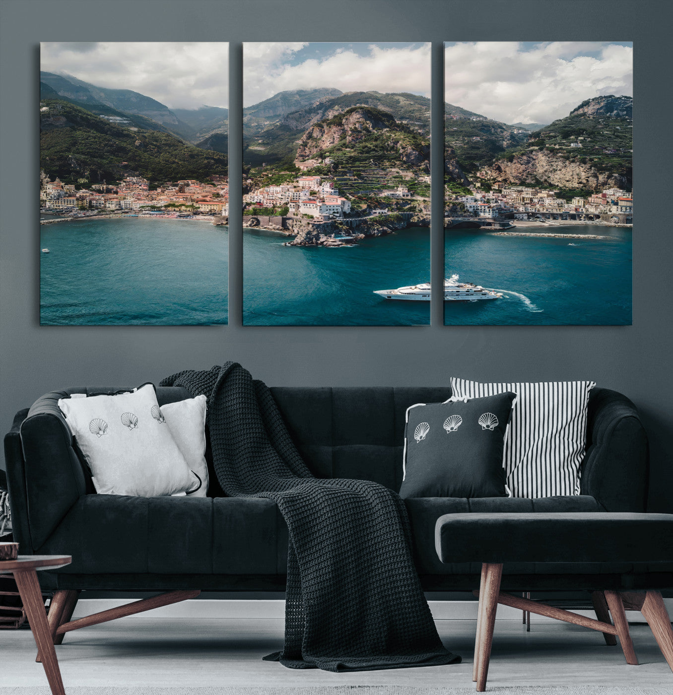 20321590-MGV-CV-60X30-3P-Amalfi Coast Wall Art – Framed Italian Seaside Canvas Artwork, Mediterranean Landscape Design, Coastal Decor for Home, Office