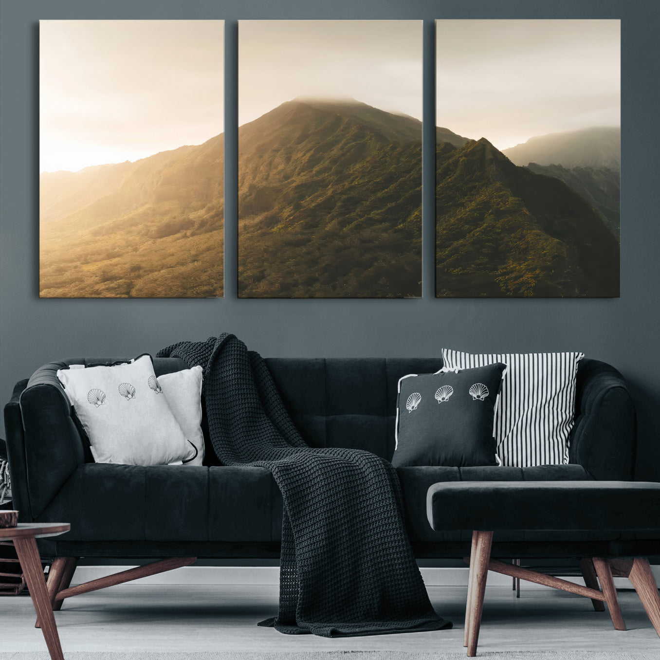 42338636-MGV-CV-60X30-3P-Mountain Wall Art – Framed Sunset Landscape Canvas Artwork, Serene Nature Design, Rustic Decor for Home, Office