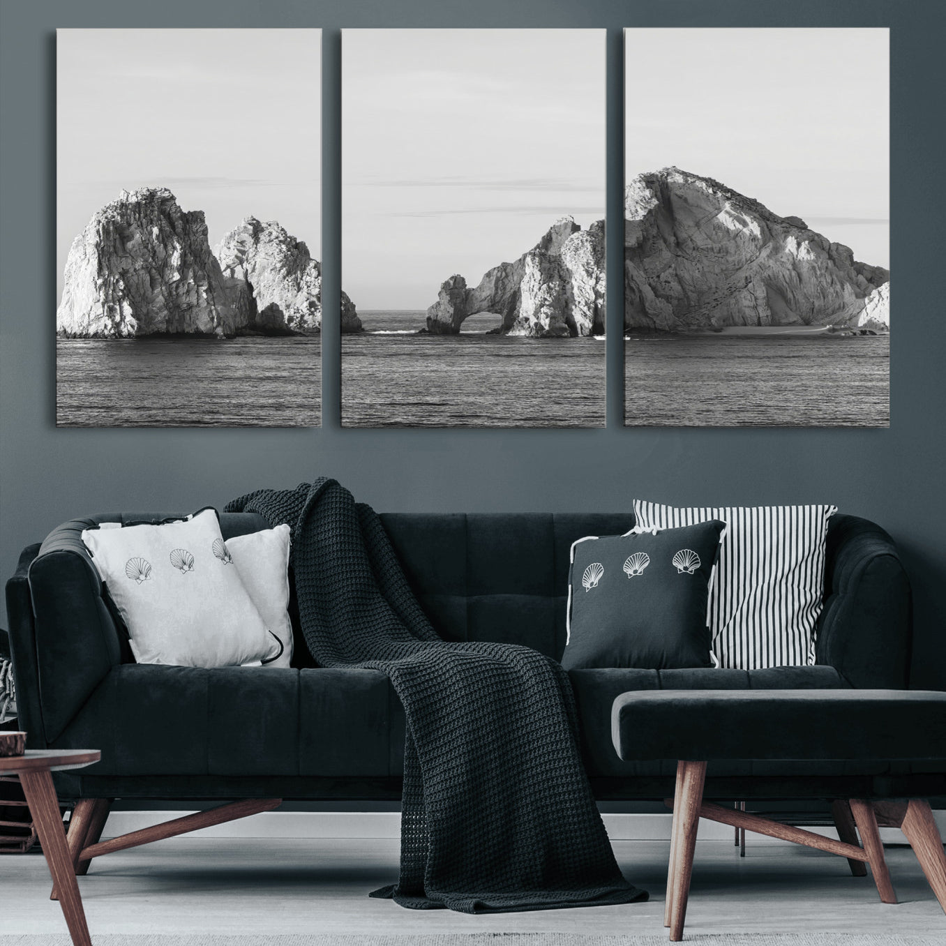 MGV-CV-60X30-3P - Rugged Coastline Wall Art Canvas Print, Framed Ocean Cliffs Art Picture Print, Monochrome Seascape Perfect Coastal Minimalist Decor Artwork