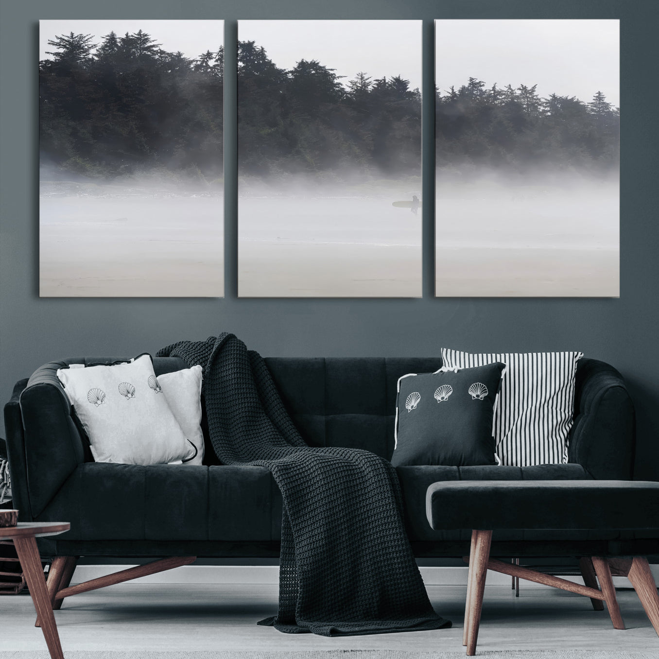 59703275-MGV-CV-60X30-3P-Surfer Fog Wall Art Canvas Print – Framed Foggy Beach Scene with Coastal Surf Artwork for Home, Office, Living Room