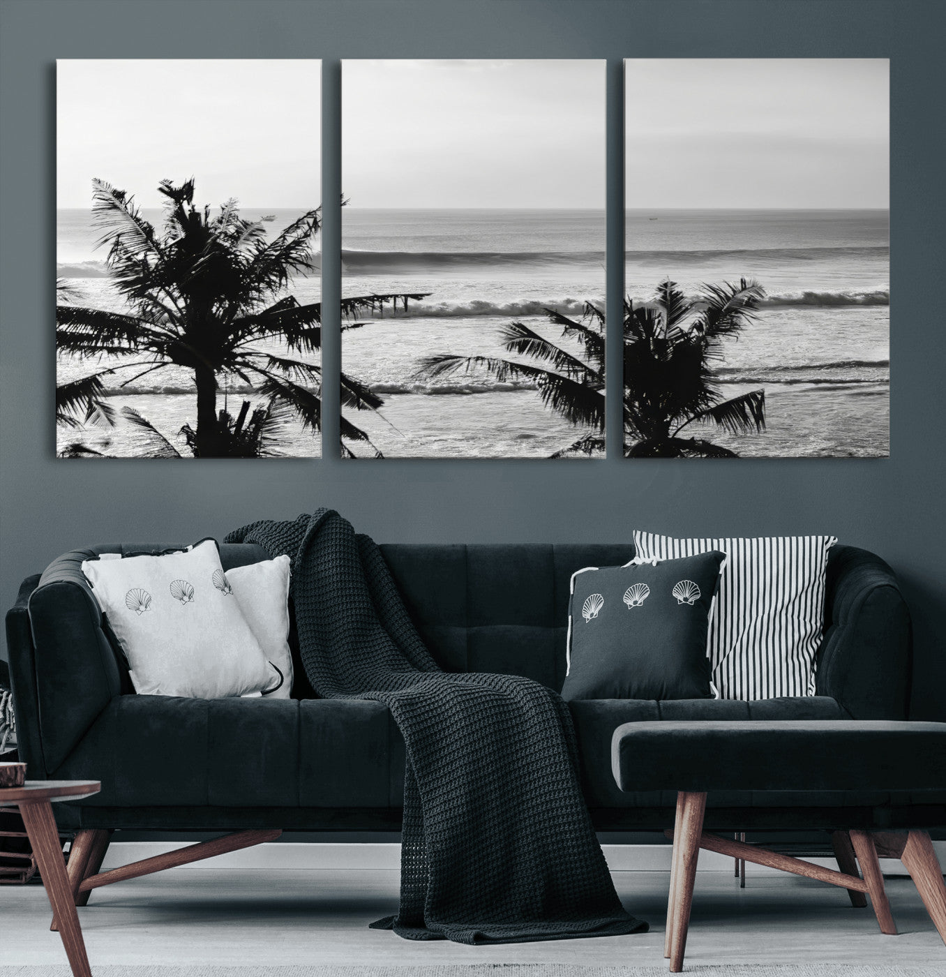 17508038-MGV-CV-60X30-3P-Tropical Coastline Wall Art Canvas Print – Framed Palm Trees Scene with Ocean Waves Artwork for Home, Office